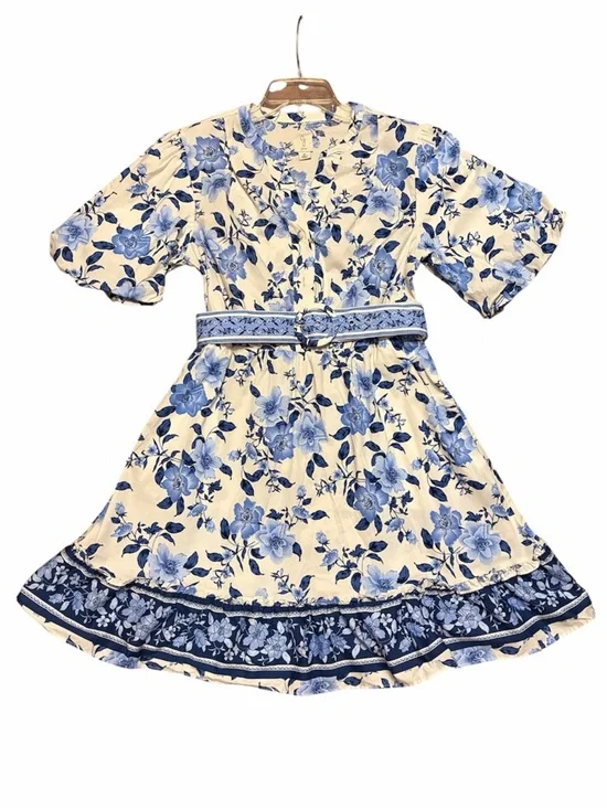 Joie Blue White Floral Puff Sleeve Belted Mini Dress Cotton Chinoiserie Size 8 - Picture 2 of 7
